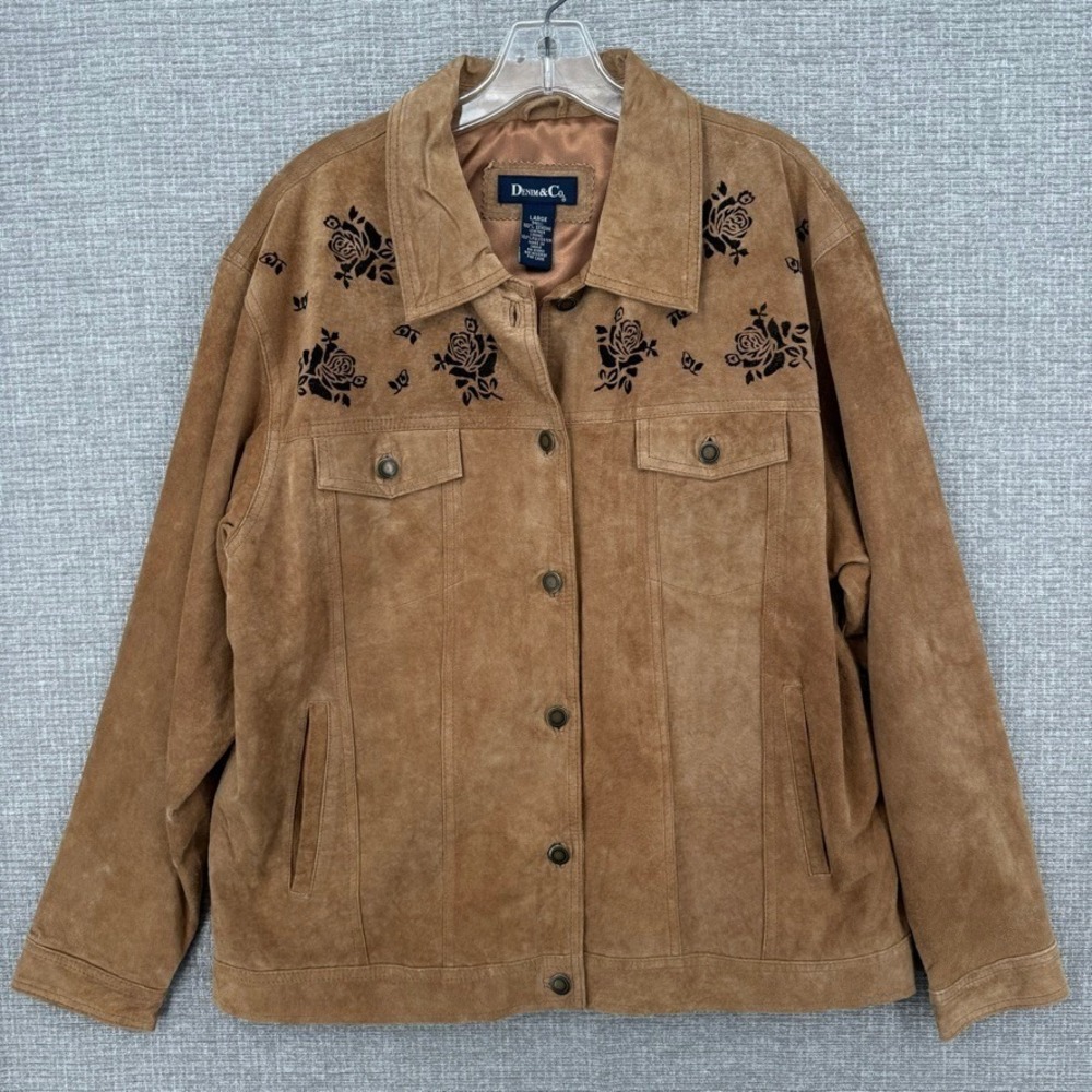 Vintage Denim Co Suede Leather Jacket Womens Large Brown Floral Embroidered Boho